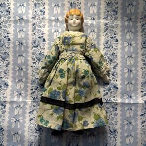 VTG Porcelain China Head Stuffed Doll Collectible Strawberry Blonde Blue Eyes